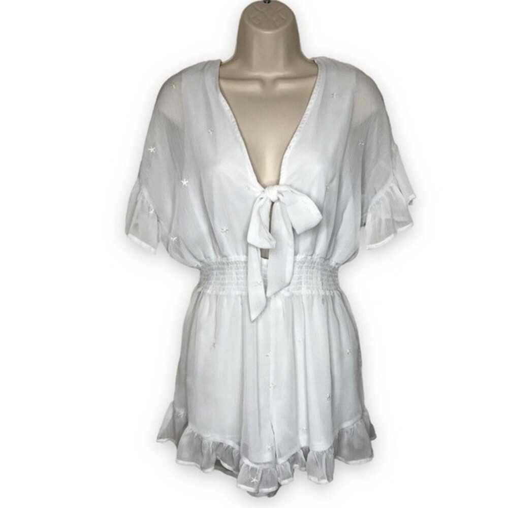 Peach Love Romper White Embroidered Gauzy Ruffle Hem Front Tie Womens Medium
